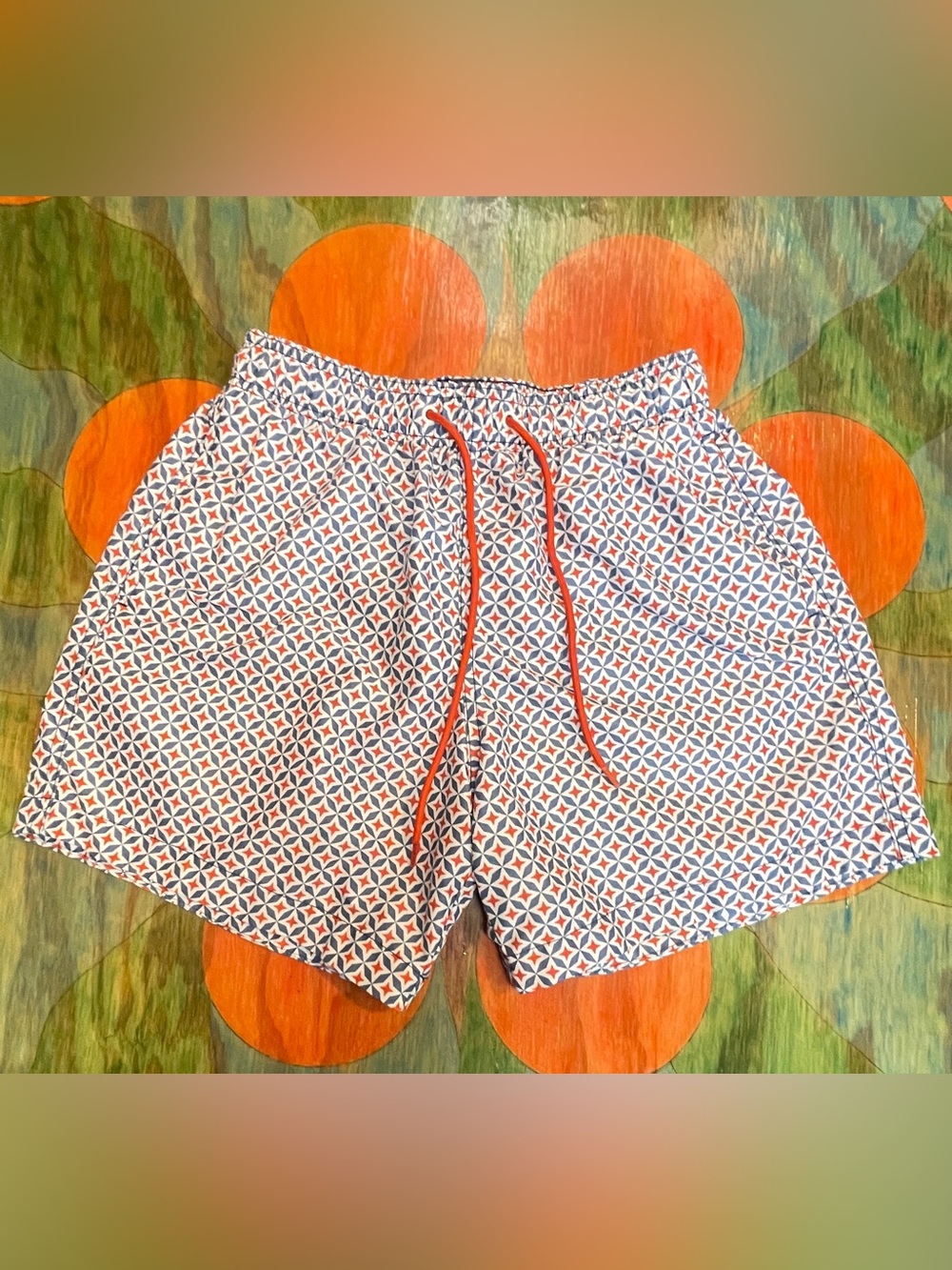 Mens H&M Small Swim Trunks Geometric Tiles Orange Blue White with Liner Polyeste